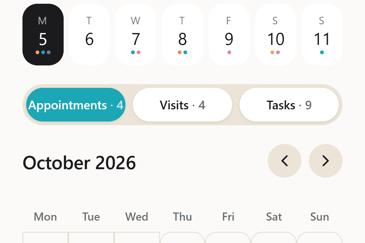 The Plan calendar in John's Circle — this week at a glance, with four appointments, four visits and nine tasks marked on the days