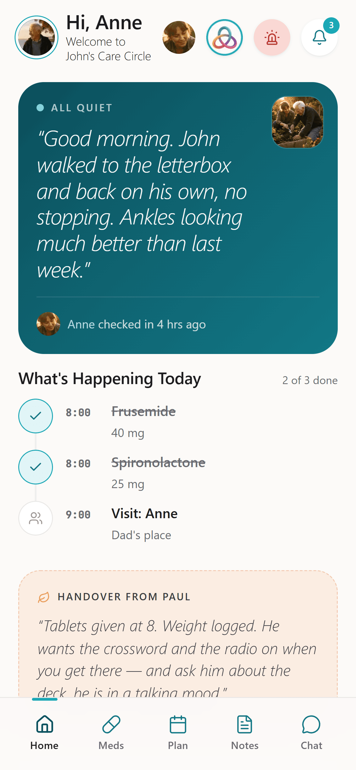 Anne's view of John's Circle — today's check-in with a photo, this morning's medications ticked off, a visit, and Paul's handover note